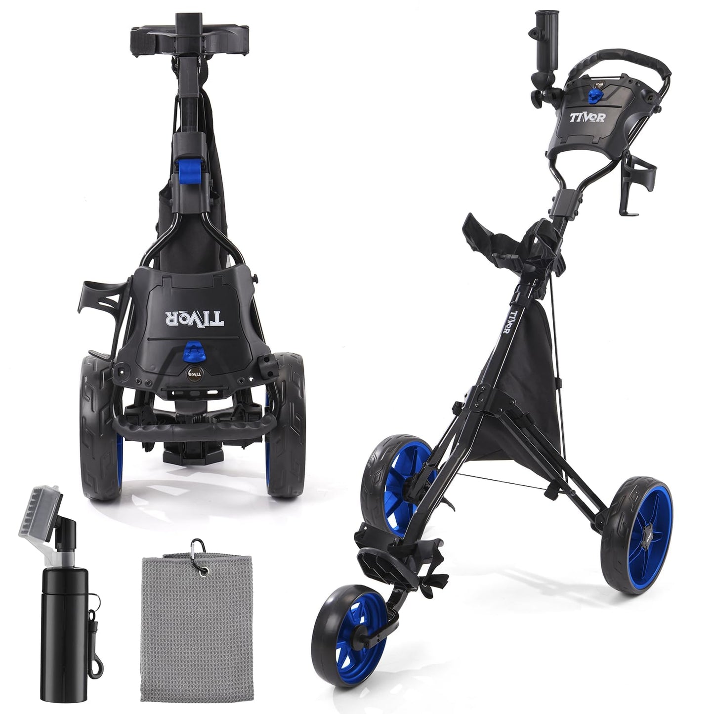 3 Wheel Golf Push Cart,Lightweight Golf Pull Cart with Quad-Fold Frame,and Cleaning Kit Golf,Cooler Bag,Cup/Phone/Umbrella Holder Compact Golf cart-blue