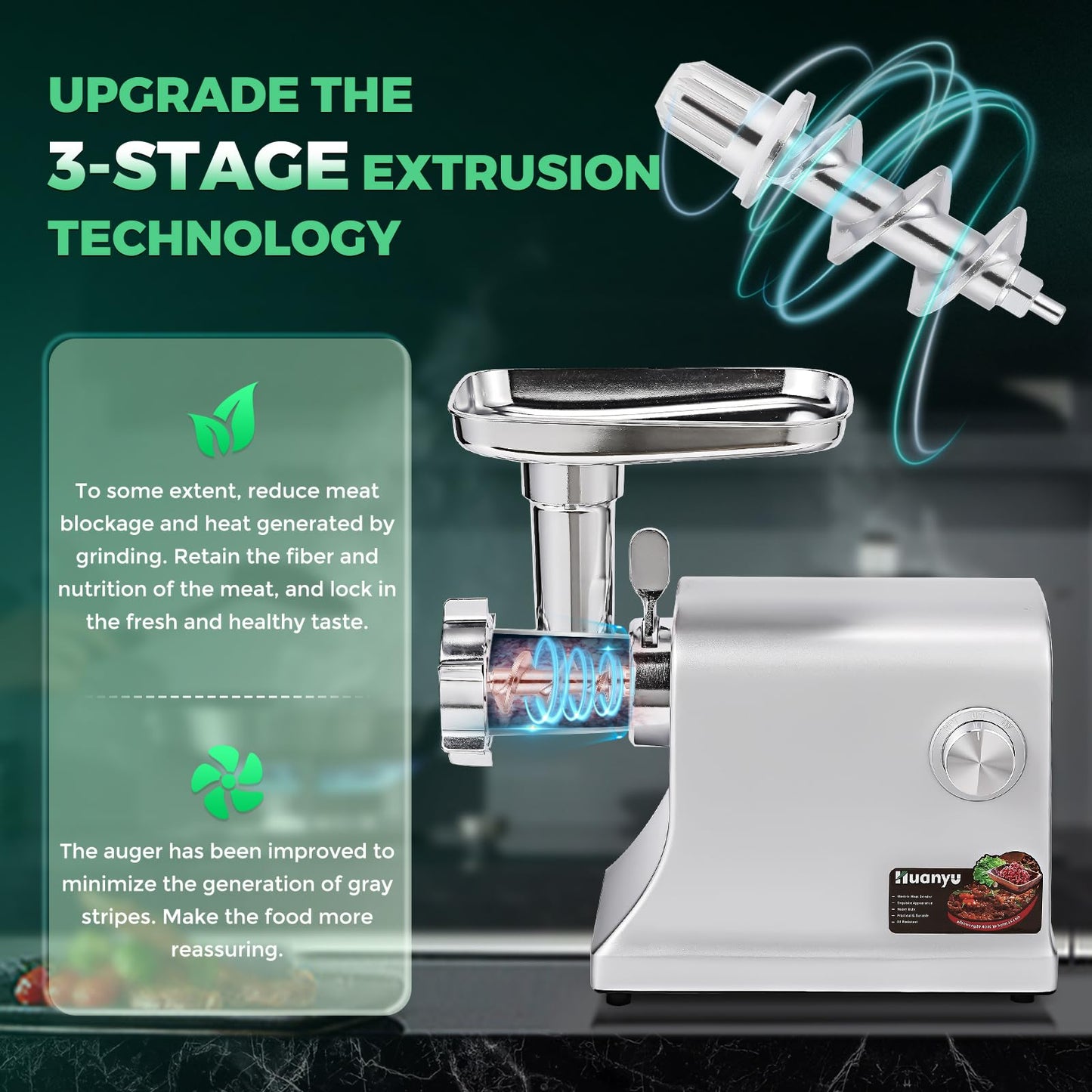 Huanyu Electric Meat Grinder 2800W Max Heavy Duty with 5 Sets of Stainless Steel Vegetable Shredder Blades, French Fry Blade, 3 Sausage Stuffers & Kubbe Kit Multifunctional for Home Kitchen Use