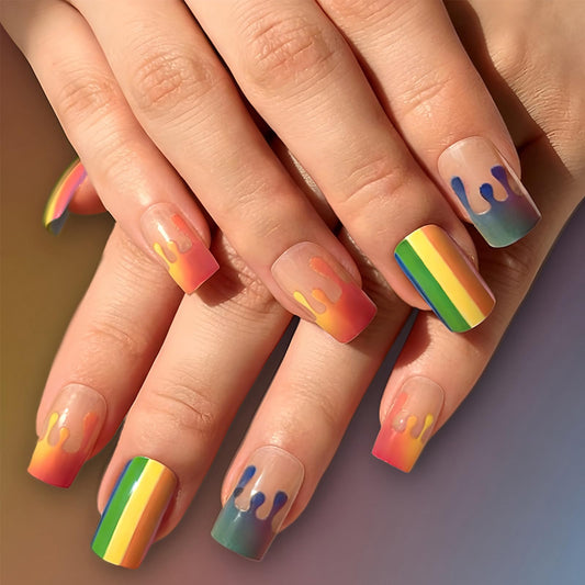 Rainbow Press on Nails Medium Square Fake Nails with Colorful Stripes Design Cute Summer Nails Press ons Glossy Full Cover Stick on Nail Artificial Glue on Nails for Women 24Pcs