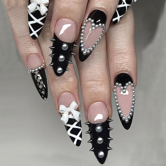 SINHOT Stiletto Press on Nails - Long Fake Nails, Glossy Finish, 3D White Bow & Pearl Hearts, DIY Artificial False Nail Art - 24 Pcs Nail Kit with Glue