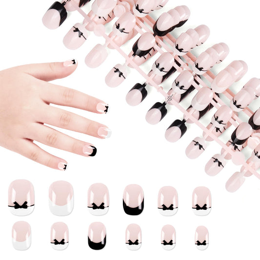 SIUSIO 120pcs 5 Pack Children Acrylic Fake Nails Press on Full Cover Nude Color Black White French Tips Short False Nail Art Kits Set Christmas Gift for Kids Little Girls Women - Simple Bow