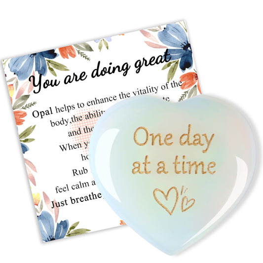 QINJIEJIE Opal Hearts Stone One Day at A Time Healing Crystal Thinking of You Gifts for Anxiety Relief Items You Got This Inspirational for Friend Heart Gifts for Women Valentines Day