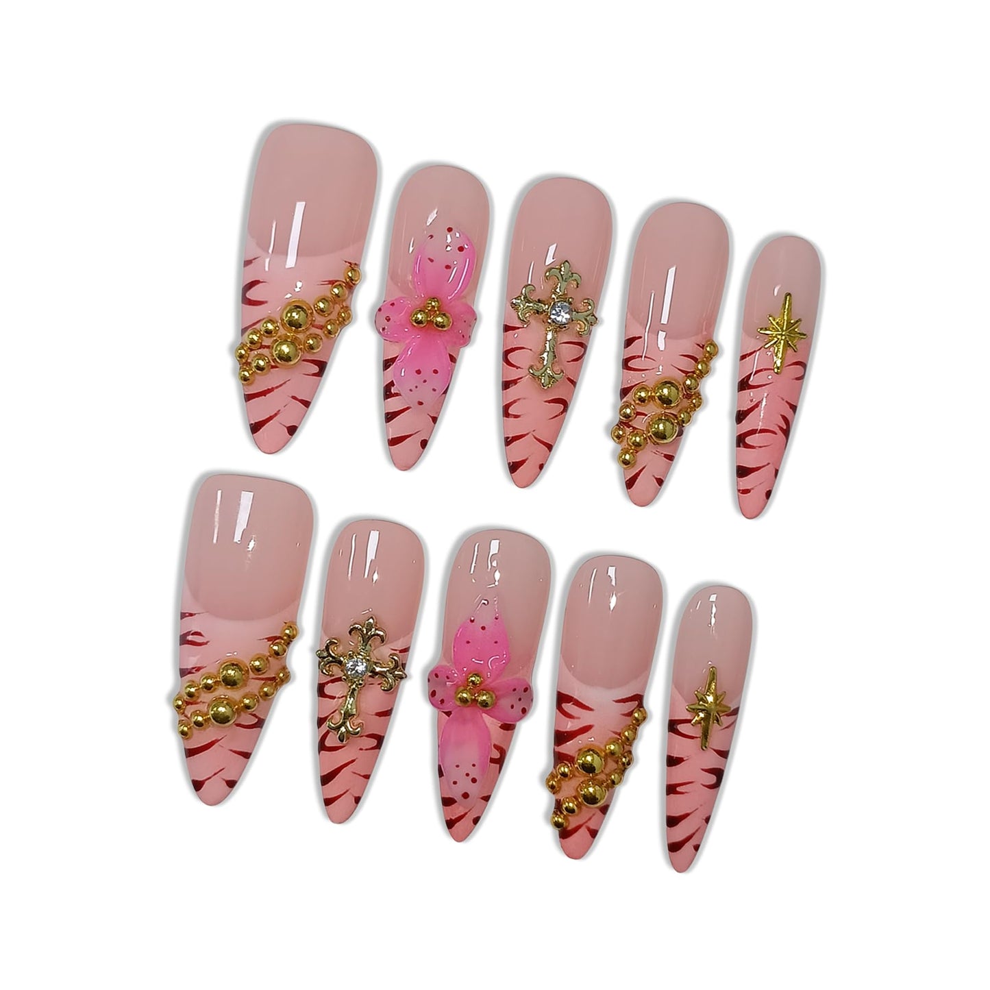 Hantyer Pink Leopard French Tip Press on Nails with 3D Floral Carving & Cross Gold Beads, Long Stiletto Glossy Y2K Fake Nails, Reusable Edgy False Nails for Women Festival Concert Party (Size L) ﻿