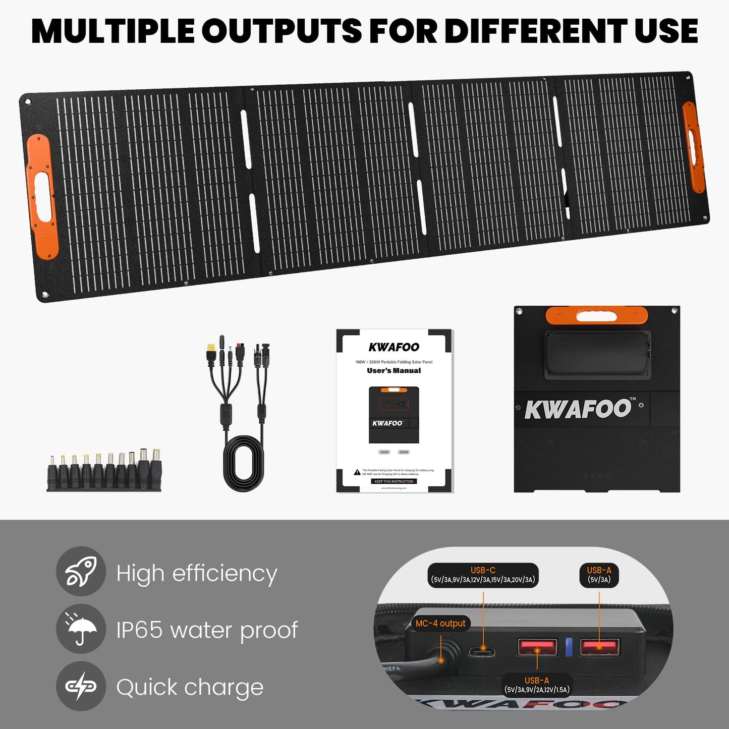 200W Portable Solar Panel, Foldable with MC4 connector, USB Output, Adjustable Kickstands, IP65 Waterproof Solar Charger for Power Station Phones RV Camping