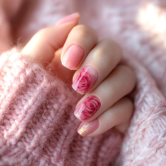 24Pcs Valentines Press on Nails Short Square Fake Nails Red Rose Flower False Nails Cute Floral Acrylic Glue on Nails Glitter Full Cover Nude Glossy Artificial Stick on Nail for Women Manicure Decor