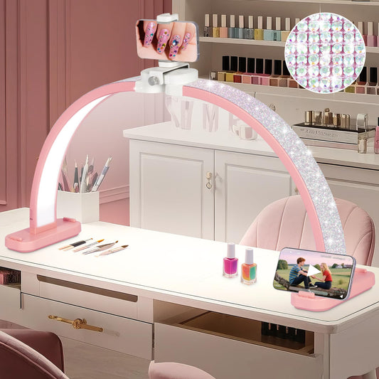 HITTI Super Large 31in Half Moon Light for Nail Desk, Foldable Arch Light for Nail Tech Lamp with Phone Stand, LED Table Lamp for Manicure, Handicraft, Art, Eyelash Extension (Crystal Diamond)-Pink