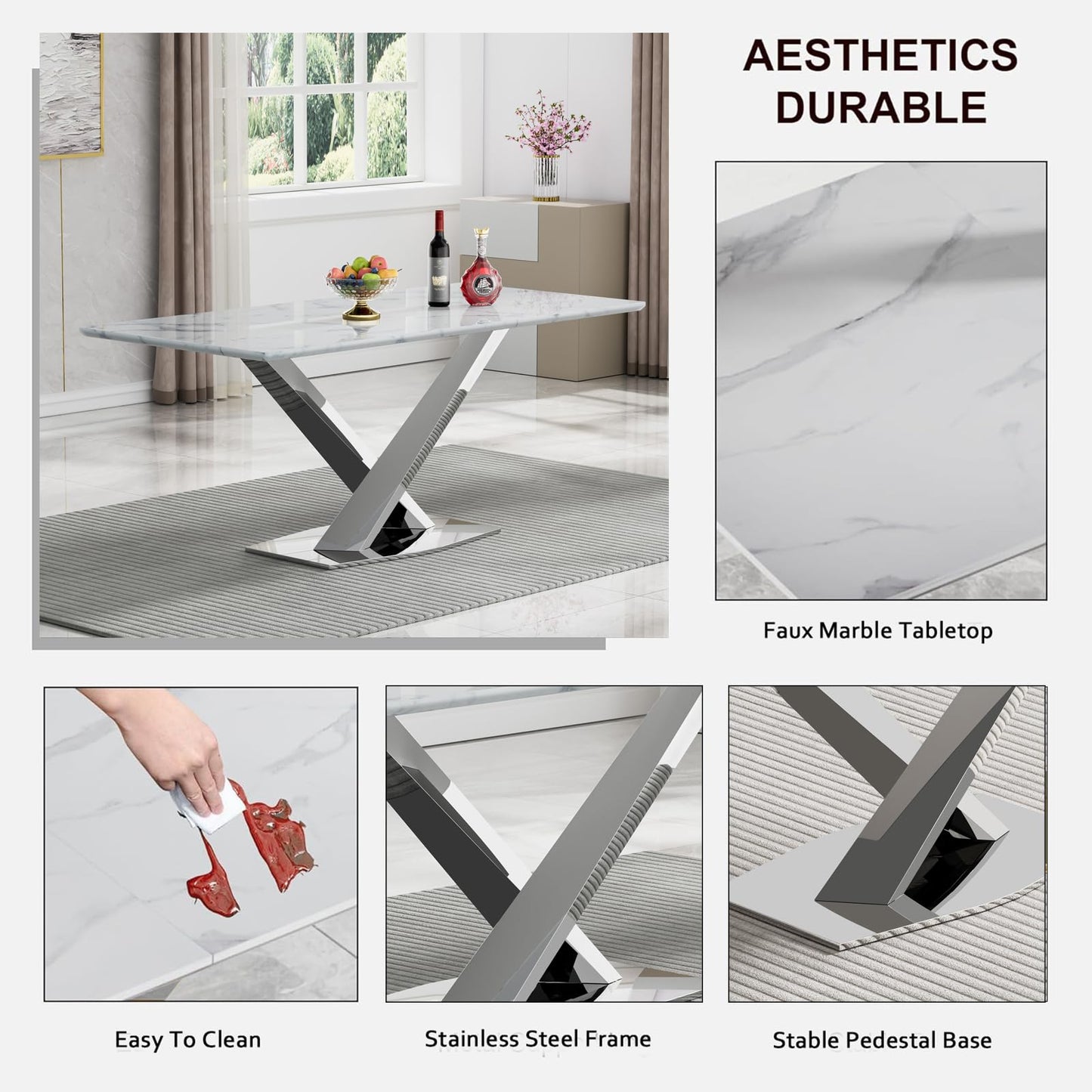 Pvillez 7 Piece Faux Marble Dining Table Set for 6, 70" White Silver Kitchen Table Set with X-Shape Stainless Steel Base, Modern Dining Room Table Set with 6 Beige Velvet Chairs for Kitchen Dining