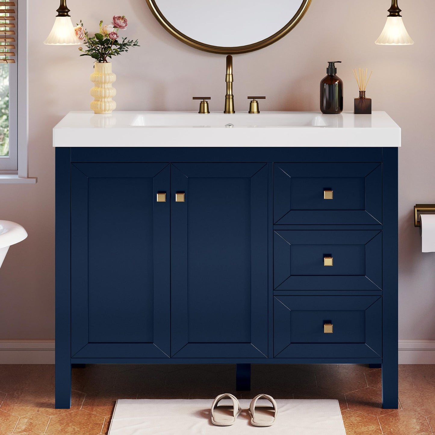 DWVO 42 Inch Bathroom Vanity with Sink Combo, Modern Bathroom Storage Cabinet with Resin Basin, Three Holes, 2 Doors & 3 Drawers, Navy Blue