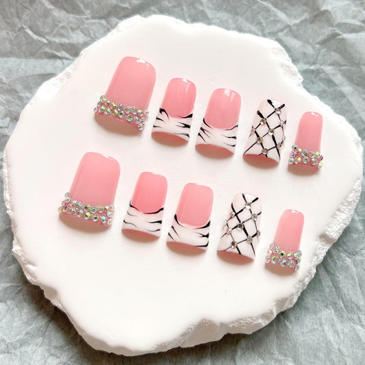 NAIL ANGEL 10PCS/SET Glamorous Handmade Press On Nails Leopard Prints Butterfly Rhinestones French Style Duck Nails Party Nails Duckbill Artifical Tips ZJ22/23/24 (ZJ-22, M)