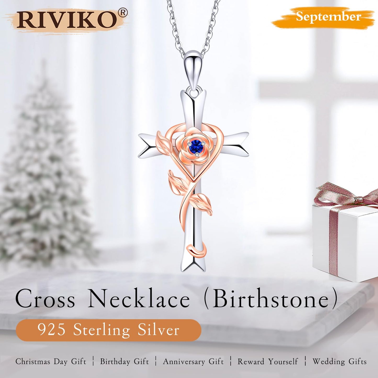 RIVIKO Mothers Day Gifts for Wife-925 Sterling Silver Cross September Birthstone Necklace for Women Cross Rose Pendant Necklaces Anniversary Jewelry Birthday Gift for Women Her Wife