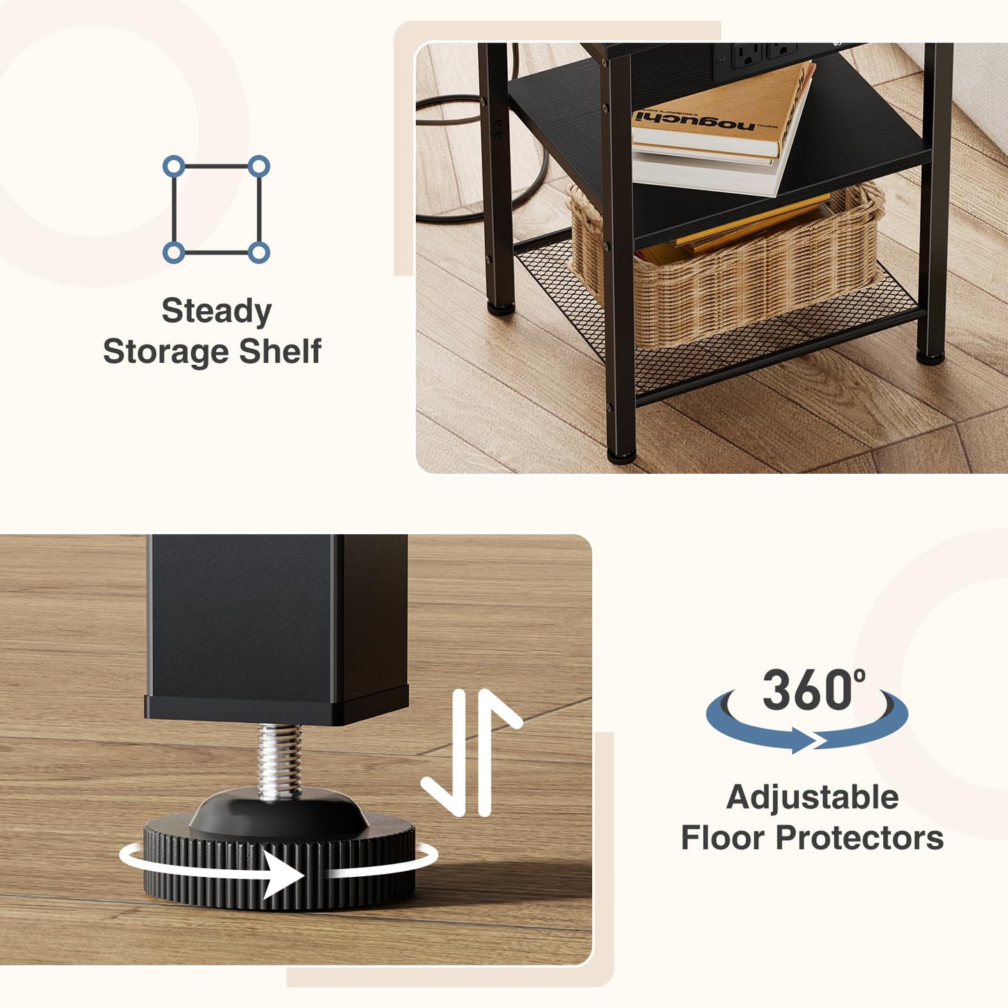 DUMOS 15.7" Small Side Table with Charging Station, End Table with Outlets & USB Ports, 3-Tier Adjustable Storage Nightstand for Living Room, Bedroom, Small Spaces, Record Player Stand, Black