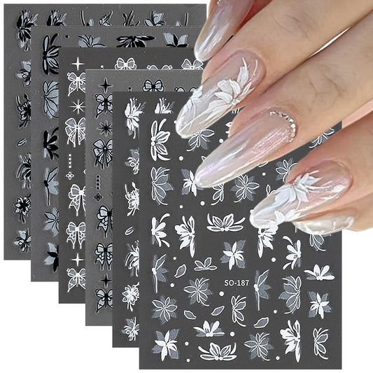 6 Sheets Flowers Nail Art Stickers Black White Bow Flower Decal Nail Decoration Nail Art Supplies 3D Self Adhesive Petal Nail Design Floral Flower Nail Decal Spring Summer Manicure Art Accessories