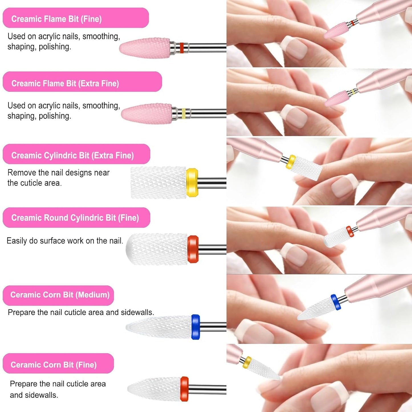 Cellentool 30Pcs Nail Drill Bits Set, 3/32 Inch Tungsten Ceramic Diamond Carbide Nail Drill Bits for Acrylic Gel Polish, Cuticle Efile Remover for Manicure Pedicure