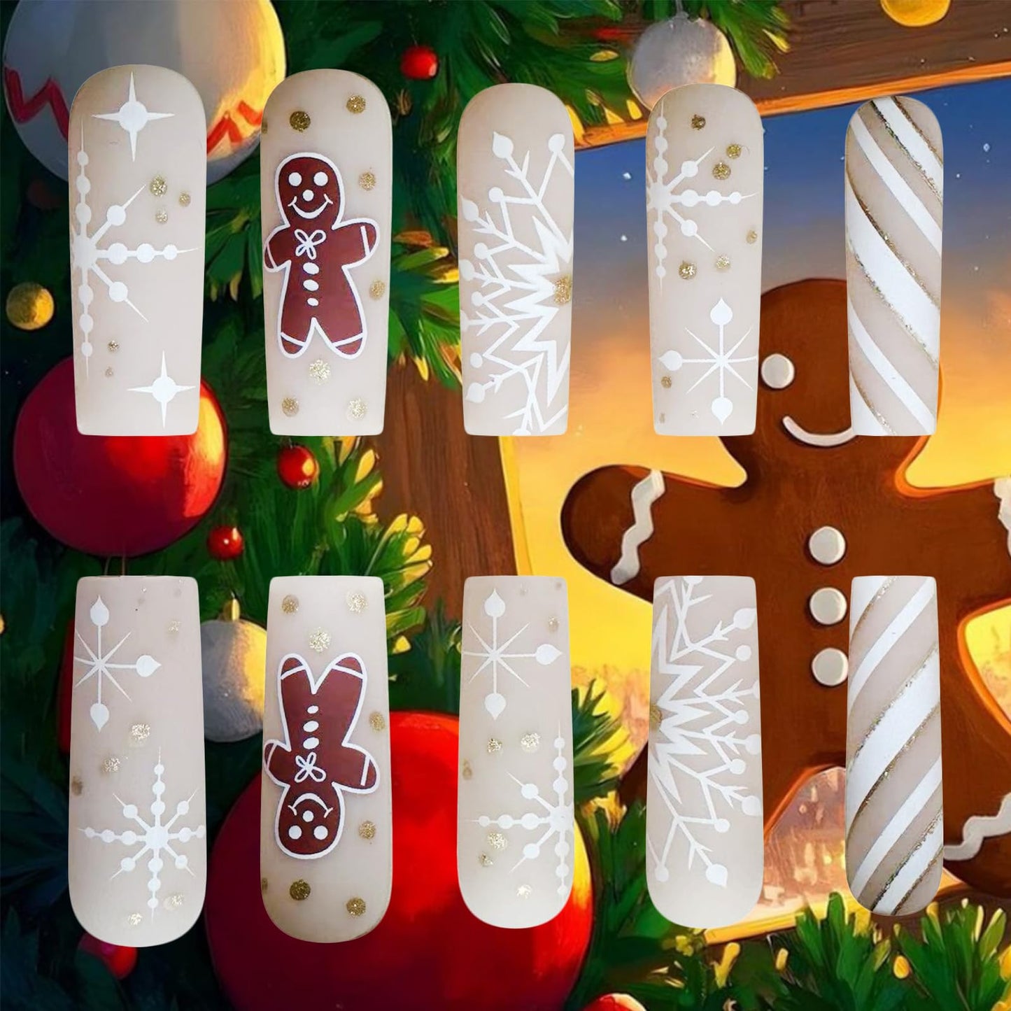 Cute Gingerbread Man Press on Nails Snowflake Stick on Fingernails Glossy Gold Glitter Acrylic Fake Nail Christmas Long Square False Nails 24Pcs Curve Line Gel Glue on Nail for Women Xmas Gift