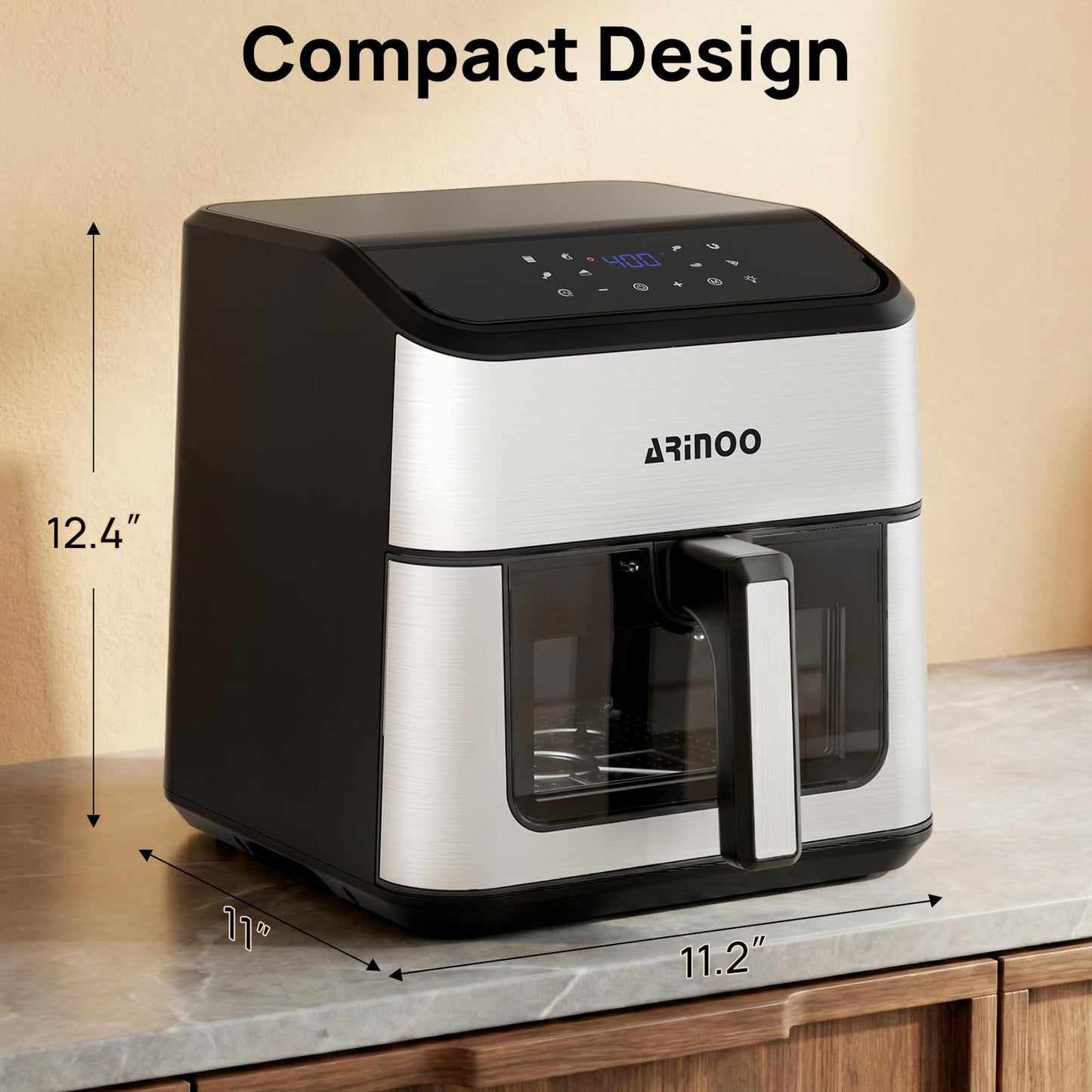 ARINOO Air Fryer Pro with Viewing Window, XL 8 Qt Family Size, 8 Presets French Fries, Chicken, Meat, Pizza, 360° Even Cooking, Recipe Book, 1500W, Nonstick Dishwasher-Safe Basket, 400°F, Black