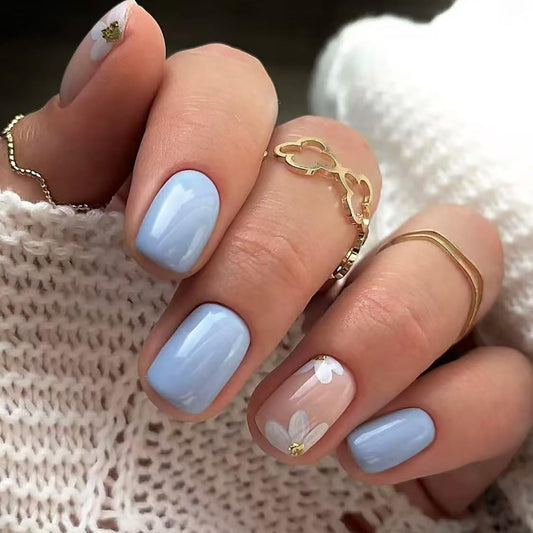 KTAABTR Blue Press on Nails Short Square Fake Nails with Glue Blue Glossy Acrylic Nails Design Spring White Flower Stick on Nails for Women Girls DIY Manicure Full Cover False Nails Decoration Supply