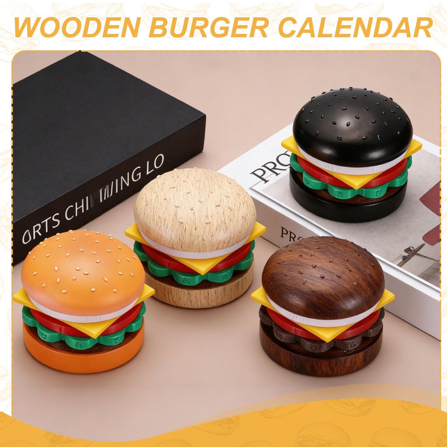 PATIKIL Wooden Rotating Burger Calendar, Perpetual Calendar Desktop Creative Desk Organizer Fun Tabletop Decor Table Ornament for Office Home, Black