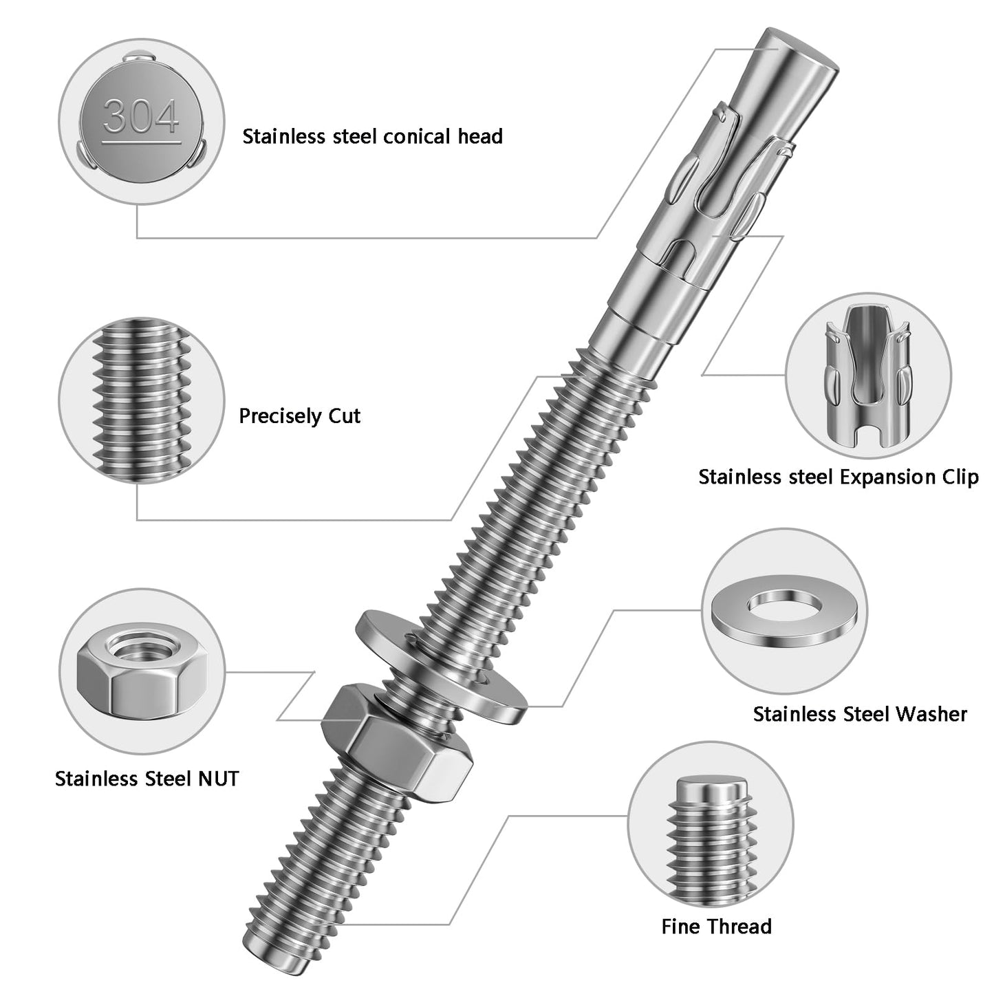 Wensilon 30Pcs 1/2x4 Inch Standard Fasteners for Heavy-Duty 304 Stainless Steel Wedge Anchors for Cement and Concrete