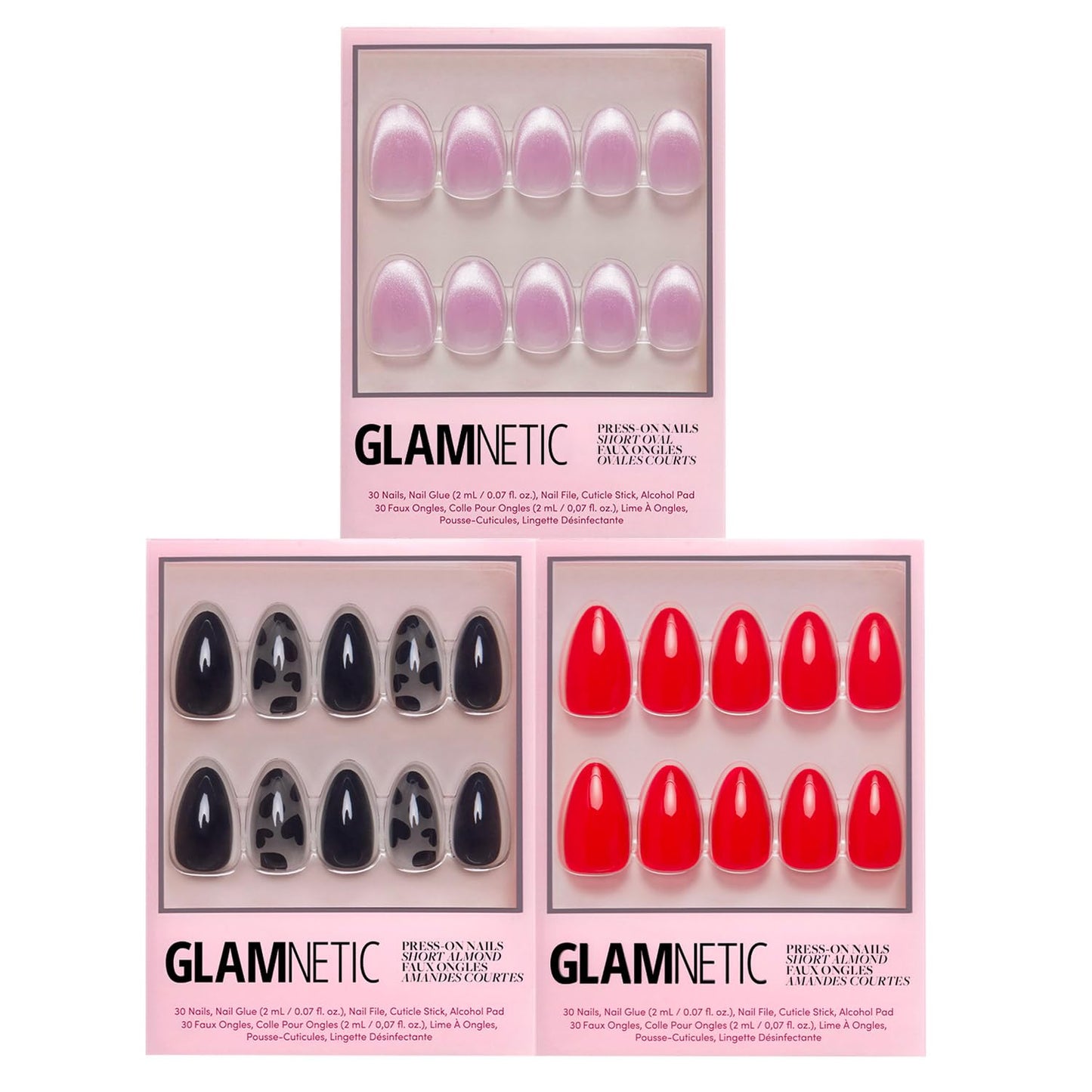 Glamnetic Press-On Nails Bundle - Love Me Not, Fiery Red & Fairy Dust |Almond Fake Nails with Black Heart Accents | Bright Red Almond False Nails | Short Oval Beige-Pink Nails with a Meta