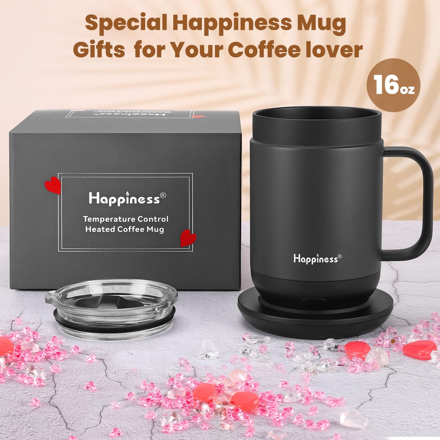Happiness Smart Heated Coffee Mug,16oz Rechargeable Electric Self Heating Temperature Control Coffee Cup,Gifts for Mom Dad Grandma Wife