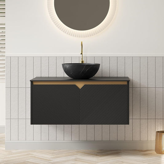 36" Floating Bathroom Vanity with Vessel Sink, RUBEN Wall Mounted Plywood Cabinet, Sintered Stone Countertop, Twill Double Doors with Metal Trim, Modern Storage Unit, Bowl Black Stone Ceramic Basin