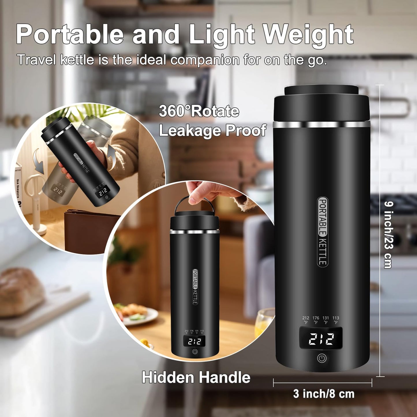 Travel Mini Kettle Portable Small Electric Kettle with Plug-in Boiling & Keeps Warm via USB, Portable Water Boiler with 4 Temperature Settings, 304 Stainless Steel with Auto Shut-off 16oz(Black)