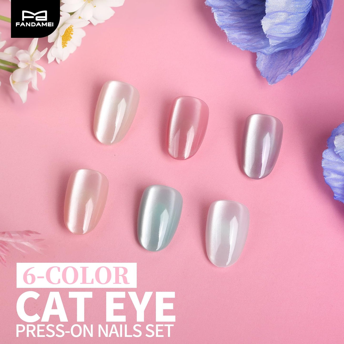 FANDAMEI 6 Colors Press On Nails Short Almond, Cat Eye Nails Short Oval, Natural Fake Nails in Nude, Glossy Cat Eye Press Ons for Women with Nail Adhesive Tabs, Press on Nails Kit