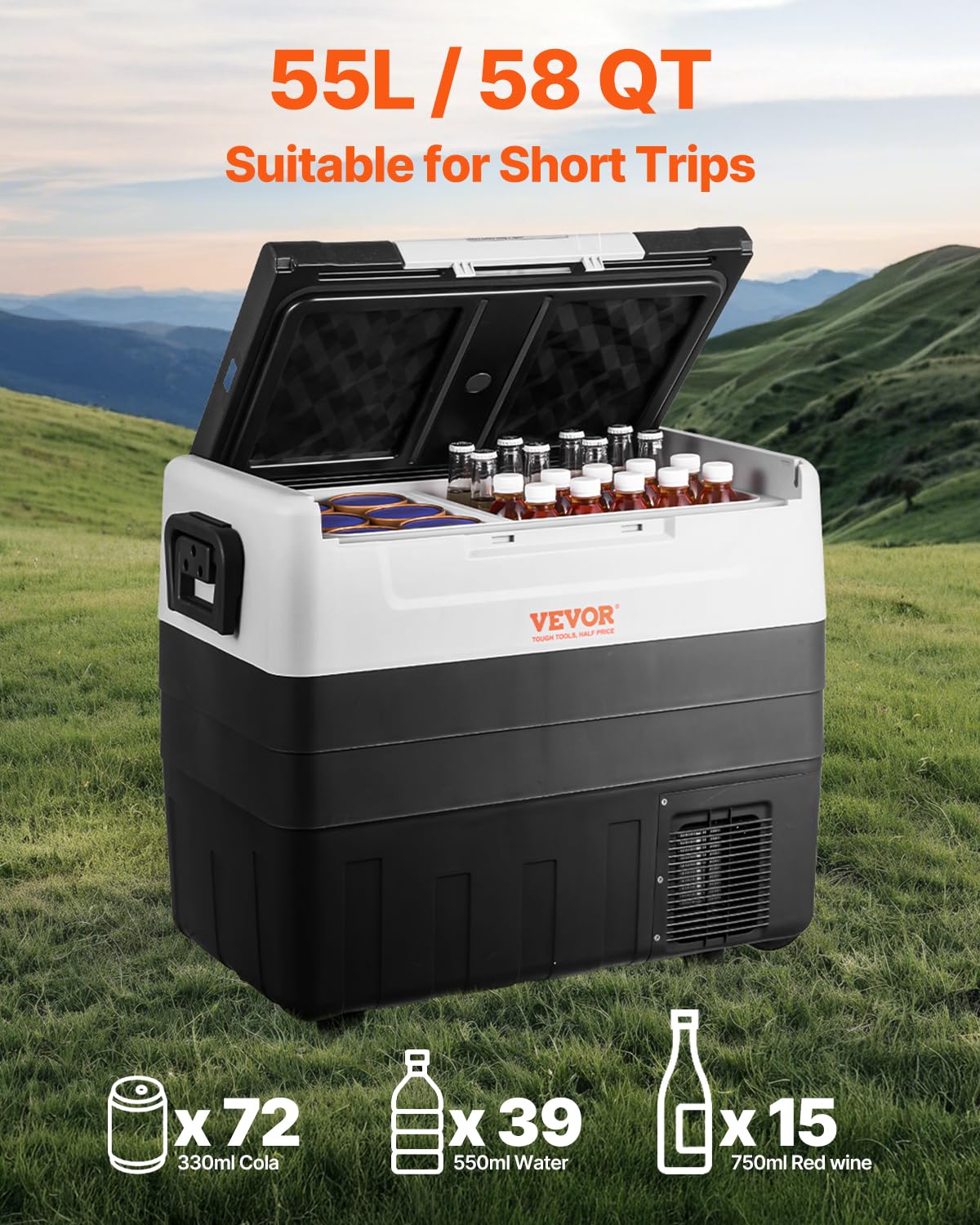 VEVOR Car Refrigerator, 12 Volt Car Refrigerator Fridge, 58 QT/55 L Dual Zone Portable Freezer, -4℉-50℉ Adjustable Range, 12/24V DC and 100-240V AC Compressor Cooler for Outdoor, Camping, Travel, RV