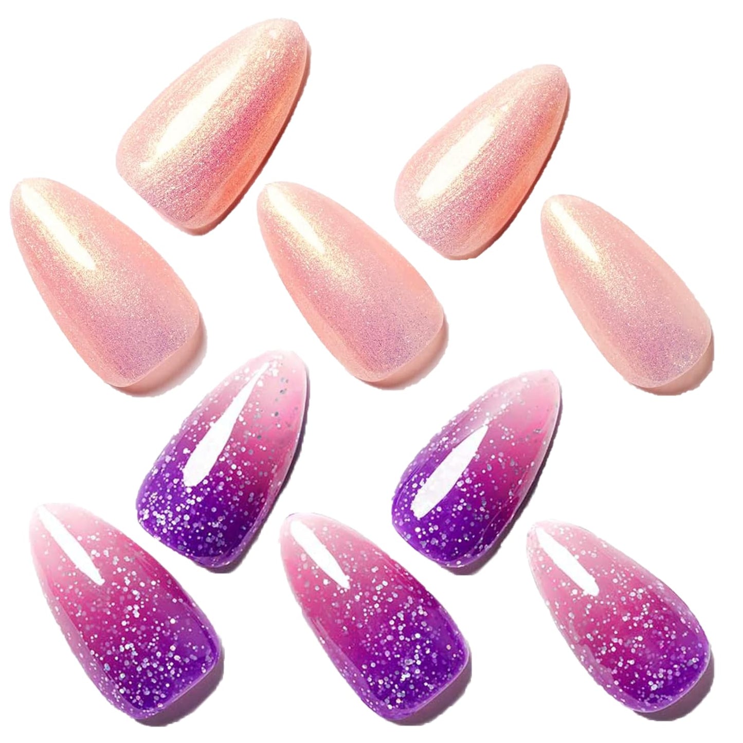 GLAMERMAID Hamdmade Thermo Press on Nails Gel Medium Almond, Glitter Purple Pink Ombre Fake Nails Short Stiletto, Pink Golden Glitter Galaxy Fake Nails Shinny Short Stiletto Shimmer Acrylic False Nail