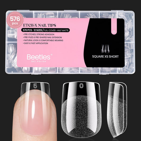 Beetles Short Square Nail Tips: 576PCS 12 Sizes XS Short Square Half Matte Clear False Acrylic Press on Nails Tips Pre-shape Full Cover Nail Tips Nail Extension DIY