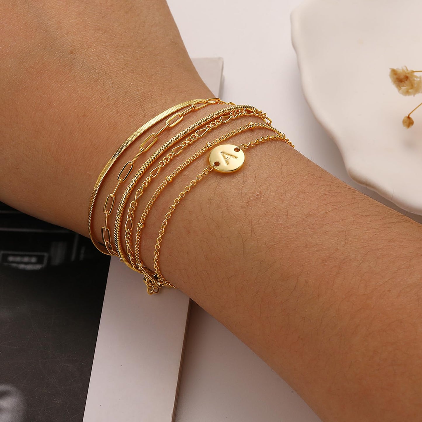 Lydow Bracelets for Women, Stack Jewelry Set Initial M Chain Stackable Letter Teen Accessories Pulseras Para Mujer 6 Inch 6PCS