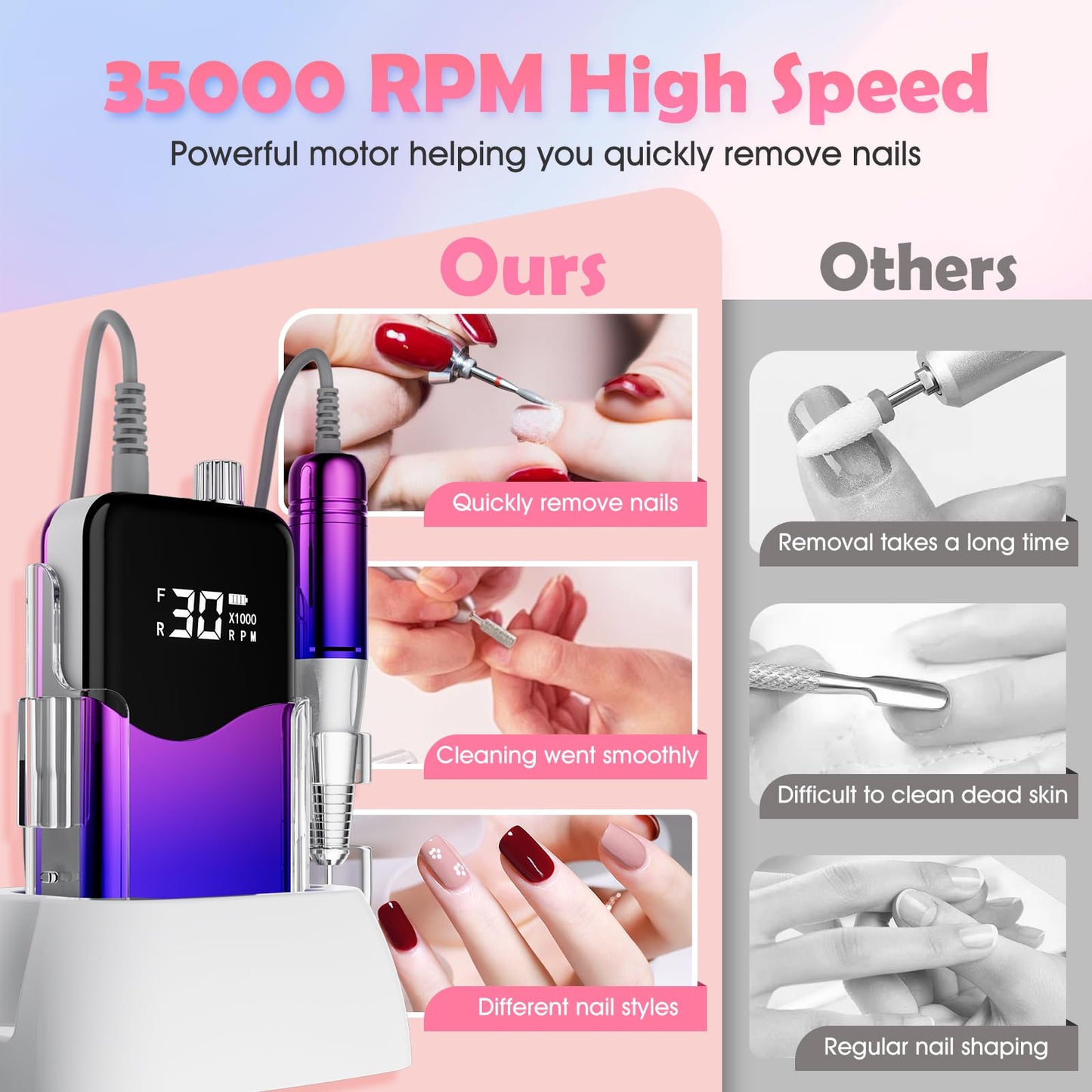 CIVPOWER Nail Drill Professional: 35000RPM Electric Nail File - Portable Rechargeable LED Display Nail Tool Kit- Manicure Pedicure Salon Home DIY (Blue Purple)