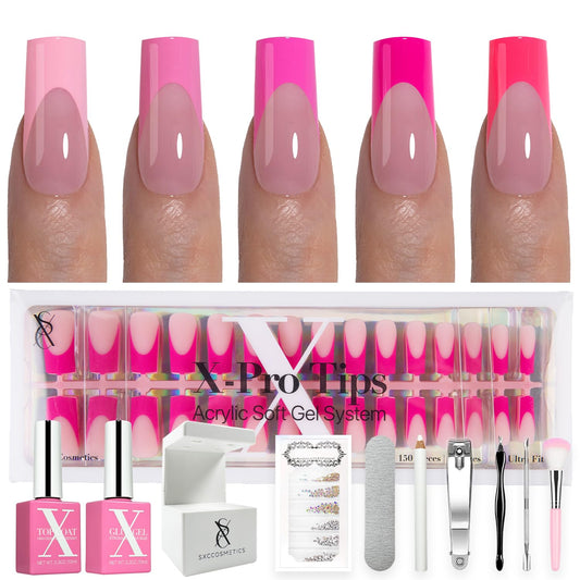SXC Cosmetics French Tip Press On Nails – 5 Pink Series, Medium Square, X-Pro Tips Starter Kit | 150PCS, 15 Sizes, 5 Styles, Beginner-Friendly
