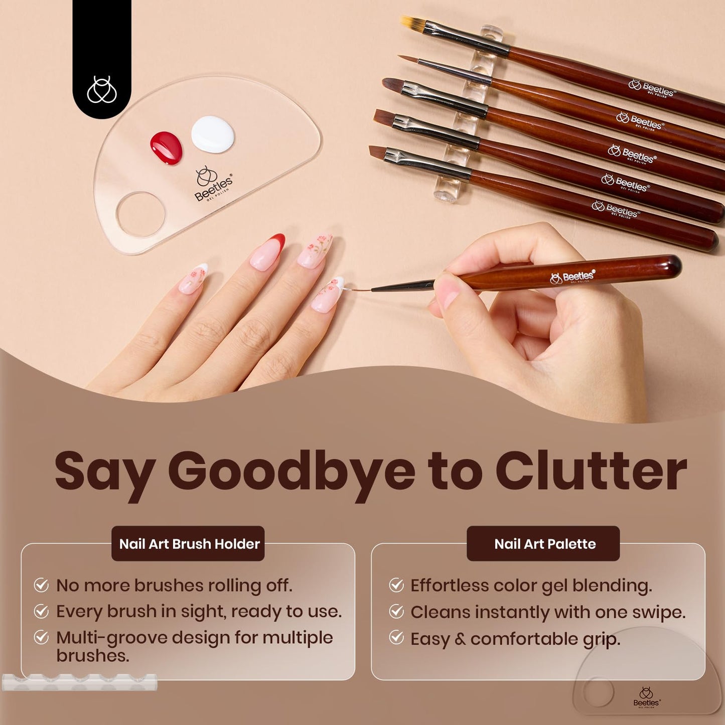 Beetles Gel Polish Nail Art Brushes, 6 Pcs Fingernail Art Design Pens, Nail Art Tools, Wood Alloy Handle Nail Brushes, Clean Up Liner French Set with Holder&Palette DIY Gift for Women