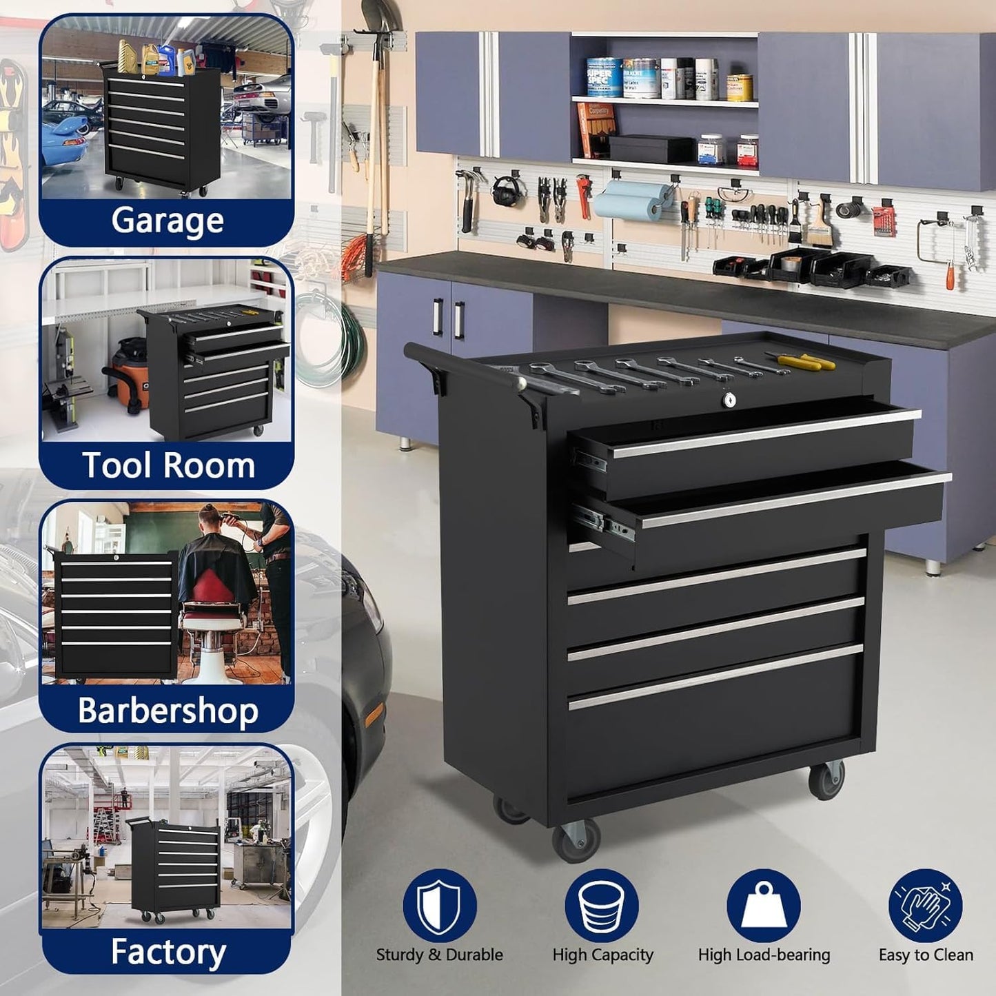 Rolling Tool Box with Wheels, 6 Drawer Tool Storage Cabinet, Portable Toolbox Organizer with Lock, Heavy Duty Tool Chest Cart for Garage, Mechanic, Workshop, Shop, Mobile Tool Organizer, Black