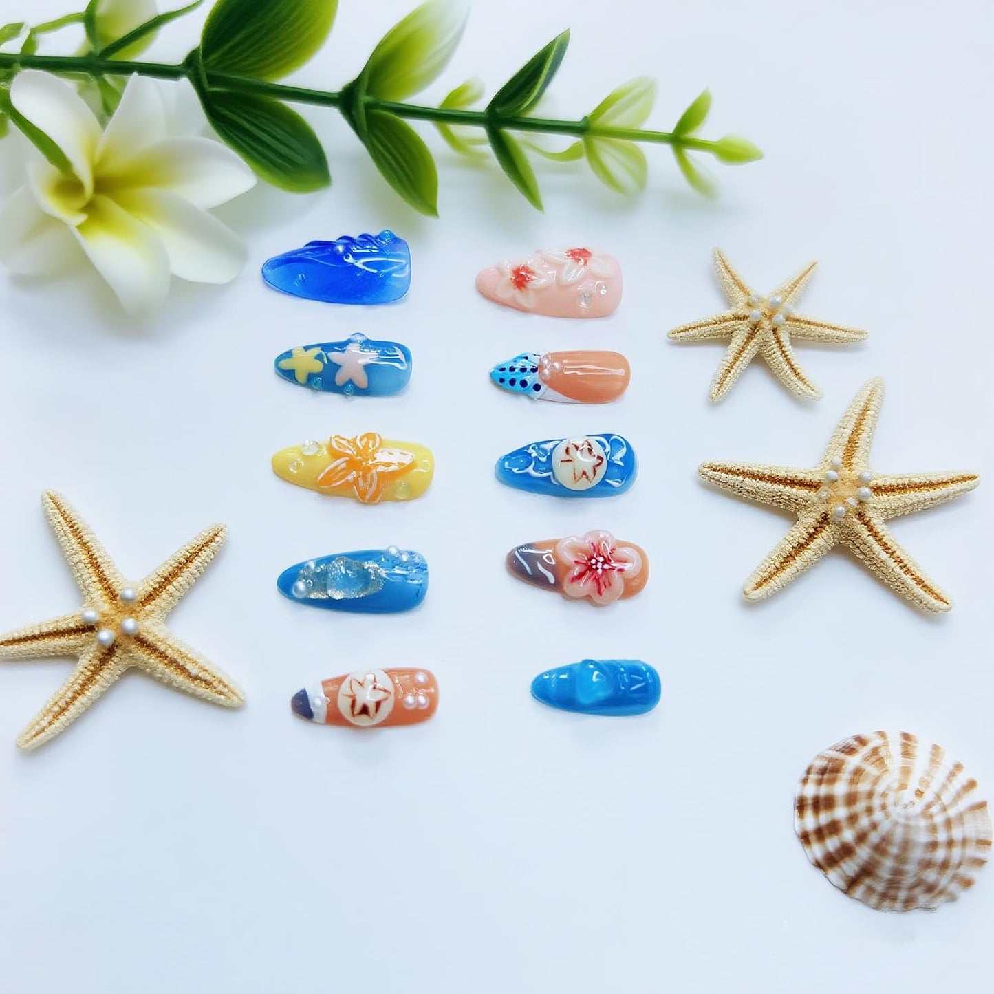 Handmade Press on Nails Medium Almond Fake Nails Summer Sea 3D Luxury Cute Flower Full Cover Stick on Nails Floral Glue on Nails for Women Girls (Blue Ocean M)
