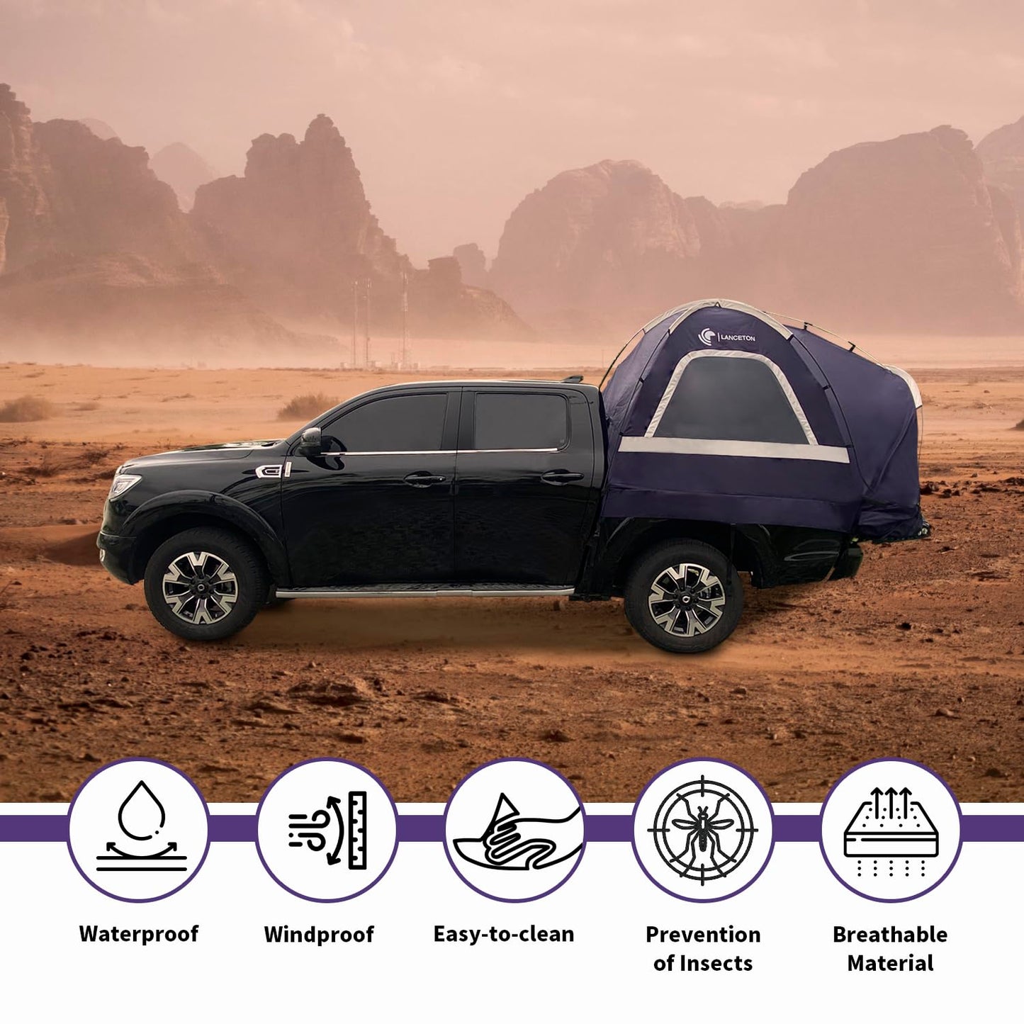 Lanceton Pickup Truck Tent, Fit 5.5-6 Foot Truck Bed, Waterproof PU3000mm high Density Polyester Oxford, Windproof Pole and Insect-Prevention Double Layer Mesh Window & Door, Unique Rear Window Pipe