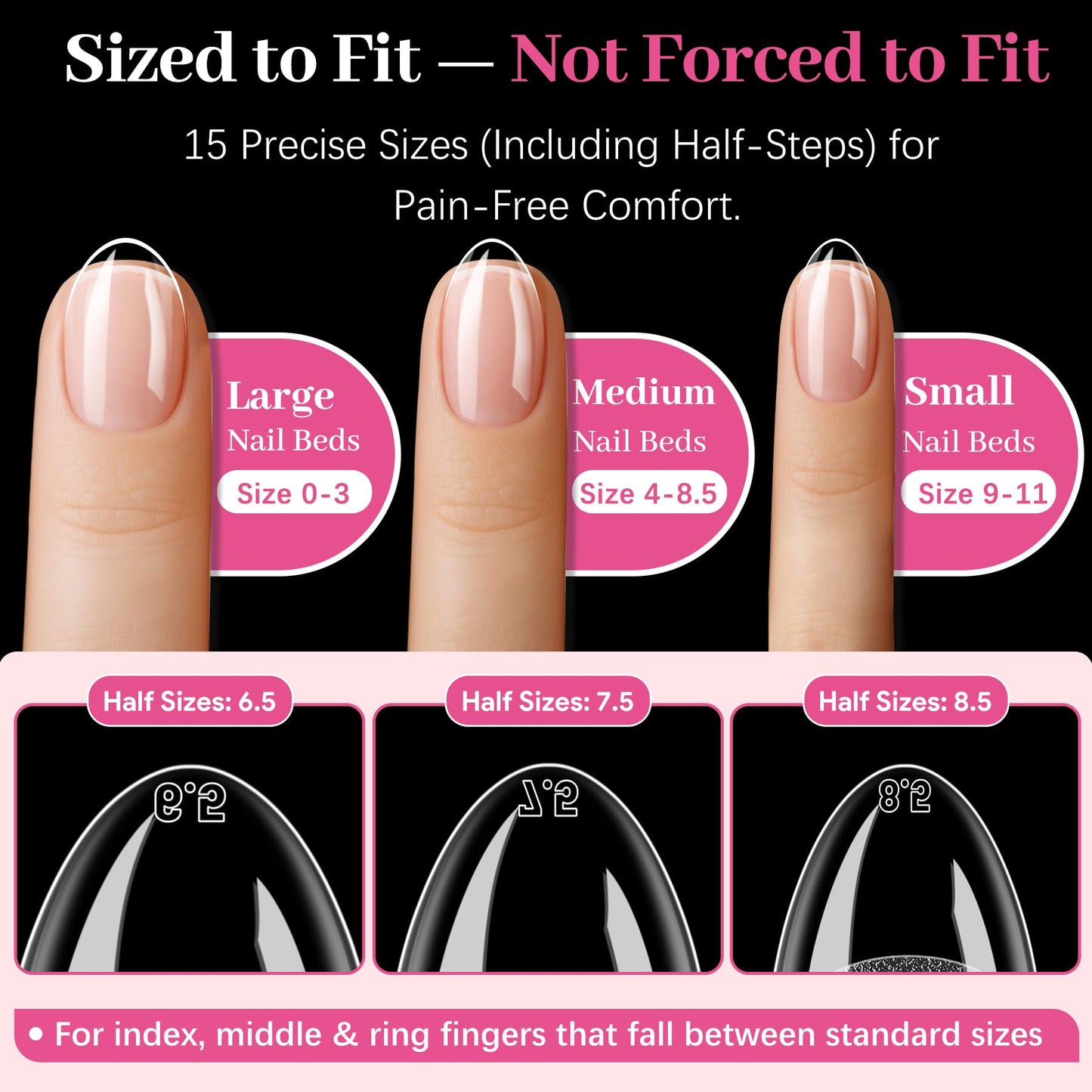 QIEK 450PCS Short Almond & Round & Square - 3 Styles Nail Tips, 70-Grit Pre-Etched Press On Nail in 15 Sizes, Fake Nail Extension Kit for Acrylic Gel Nail Art DIY Salon