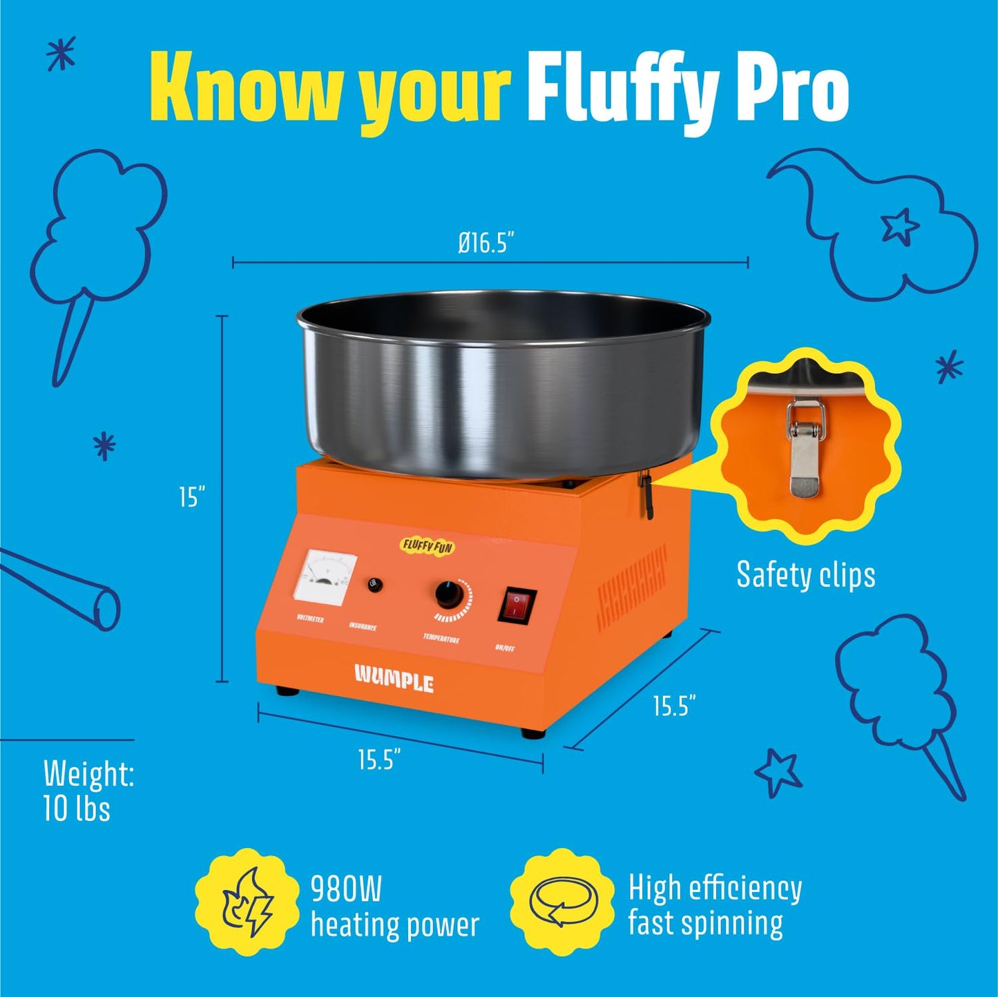 Wumple - Cotton Candy Machine Pro Bundle, Includes 3 Flavored Sugars & 70 Cones, Electric Machine with Large Stainless Steel Bowl for Parties & Business (Orange)