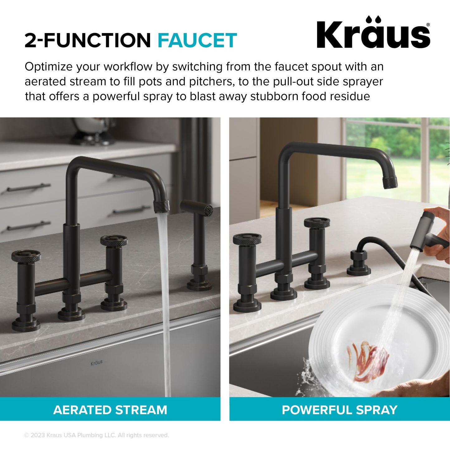 KRAUS Urbix Industrial Bridge Kitchen Faucet with Side Sprayer in Brushed Gold, KPF-3125BG