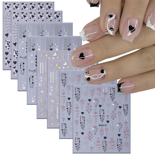 Valentines Retro Nails Art Stickers Decals 3D Embossed Colorful Love Heart Decals Self-Adhesive Nail Art Supplies White Black Heart Art Stickers Accessories for Women Manicure Festival Decorations