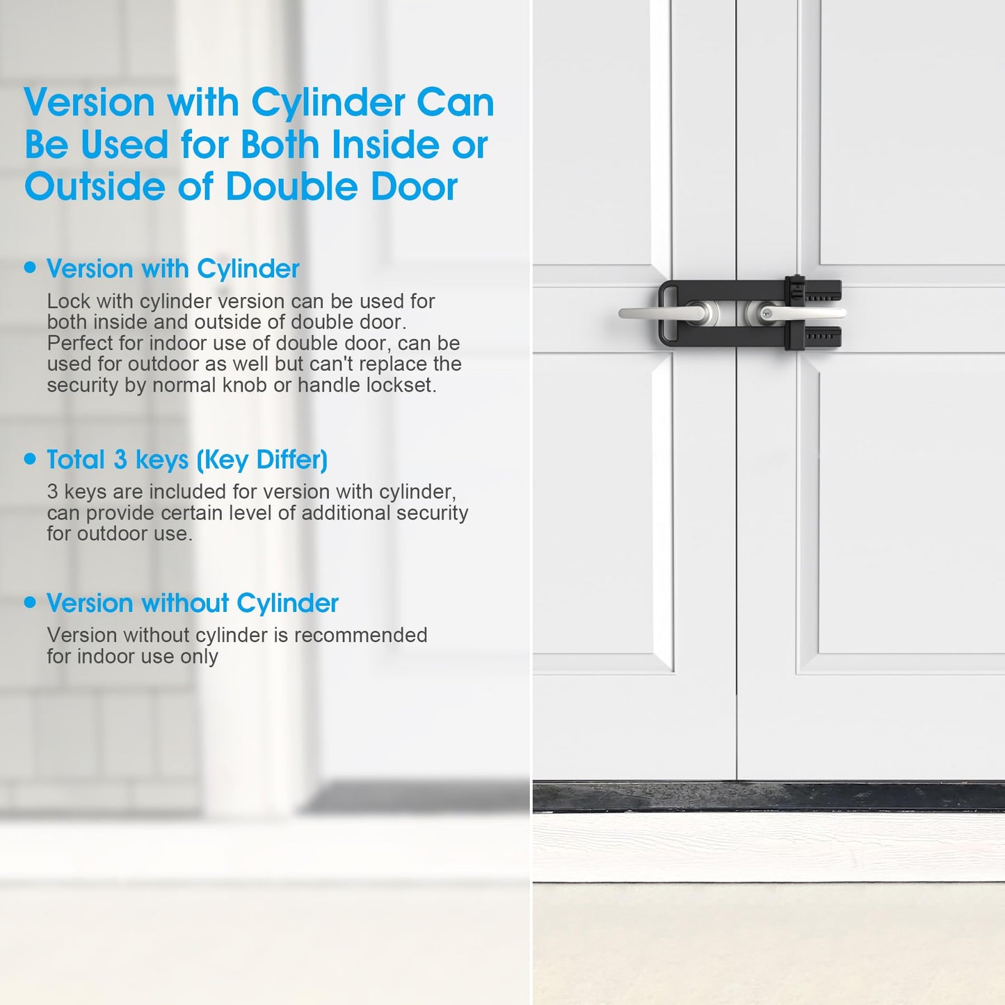 AST Double Door Security Lock, Keyed French Door Lockout Device, Reinforcement Lock for Knobs and Handle, Prevent Kick Ins, Childproof, Kids Proof Barricade (Matte Black with Snib and Cylinder)