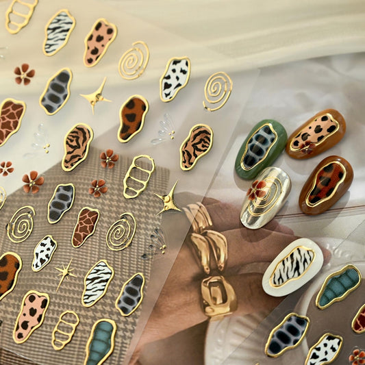 Leopard Nail Art Stickers 5D Embossed Irregular Geometric Nail Decals Gold Nail Stickers for Nail Art Brown Leopard Nail Design Charms Decoration Accessories for Women and Girls