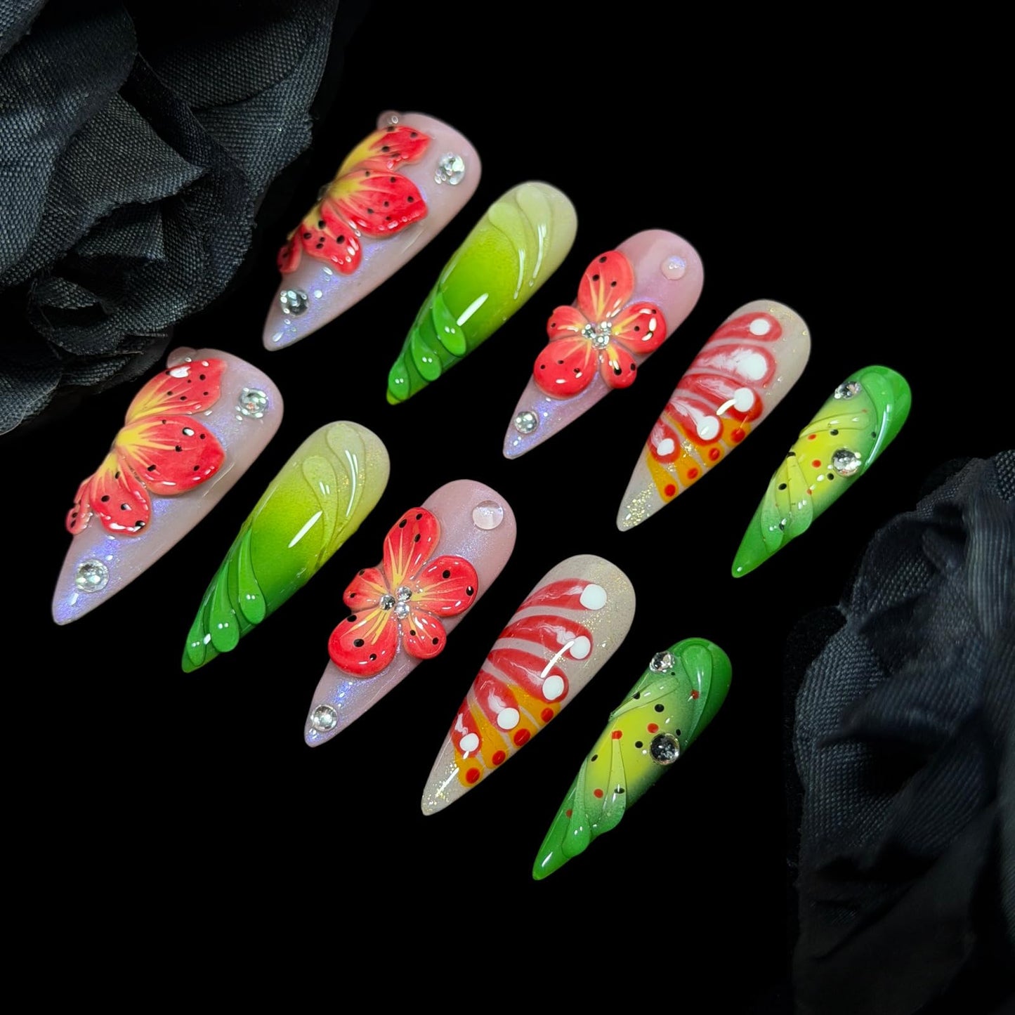 Handmade Press On Nails, Stiletto Shape, 3D Floral Botanical Muse Art, Vibrant Multi-Color Design, Thick Acrylic Fake Nails Set Tropical (S)