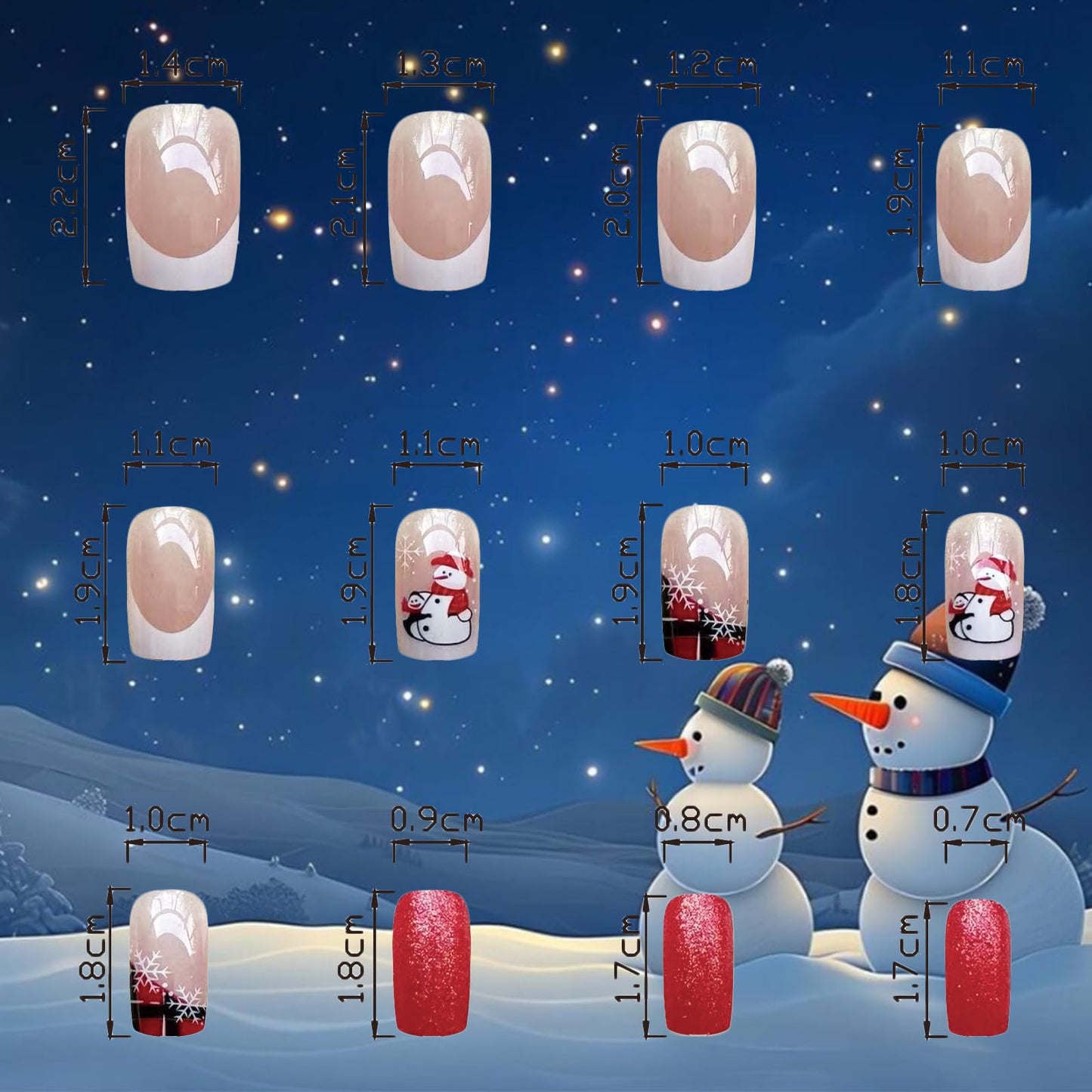 Christmas Medium Square False Nails Snowflake Press on Nails Snowman Gel Glue on Nail 24Pcs Silver Glitter Stick on Fingernails Glossy White French Tips Acrylic Fake Nail for Women Xmas Gift