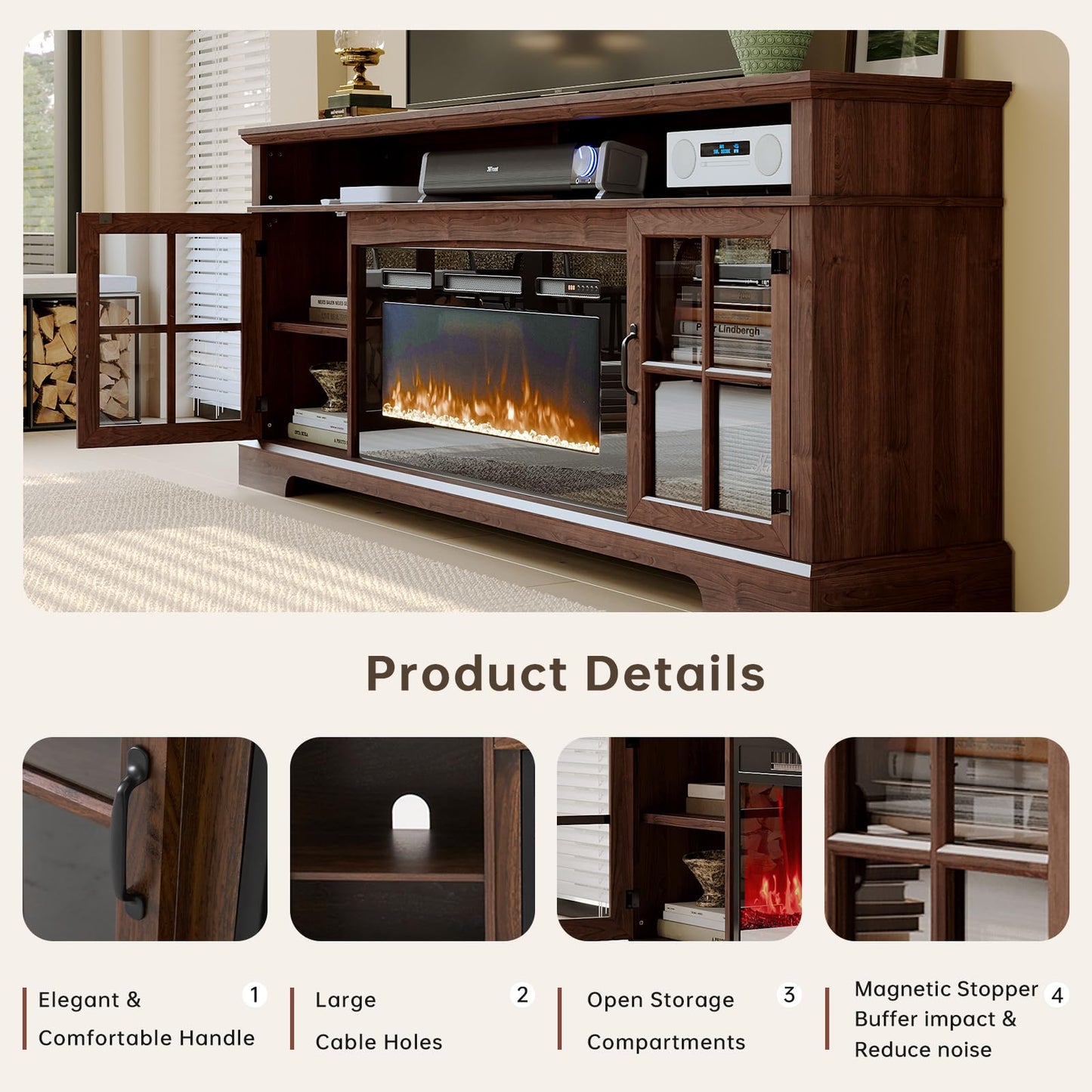 Nordivale 70" Fireplace TV Stand, Modern Entertainment Center for TVs Up to 80”, TV Console with Storage Cabinets, Media Console for Living Room, Brown TV Stand and Black Fireplace