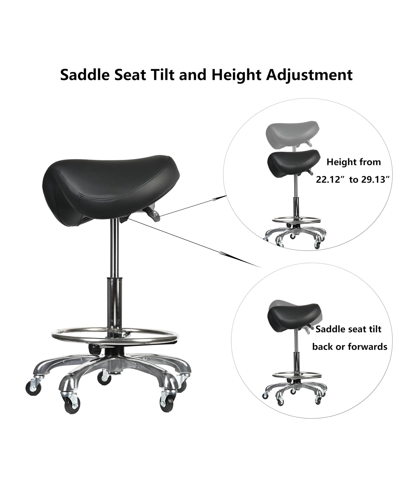 Cadiario Saddle Tilting Stool Rolling Chair with Thicker Seat Swivel Ergonomic Height Adjustable Footrest Wheels for Beauty Spa Salon Dental Medical Clinic Kitchen Home Office Shop Bar Black