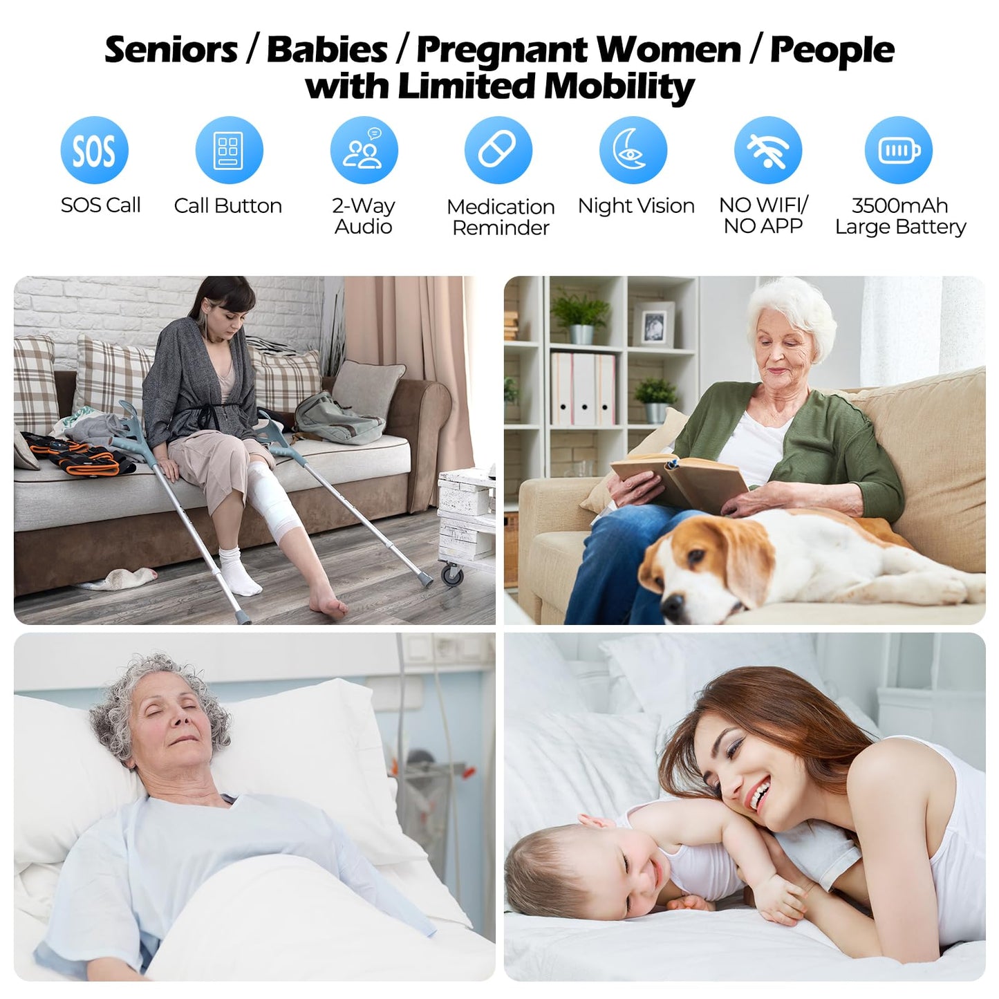 JEMXITG Elderly Monitor with Camera and Audio, Two-Way Talk Baby Monitors for Elderly Care, Call Button, Med Reminder Camera for Elderly Monitoring, for Seniors, Dementia Patients (No WiFi)