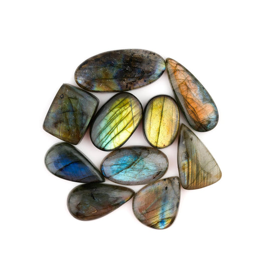 CRYSTALINES 10pcs Wholesale Natural Labradorite Gemstones Cabochon, Bulk Spectrolite Polished Stones, DIY Jewelry Making, Chakra Healing Crystals, Wire Wrapping, Assorted Loose Supply