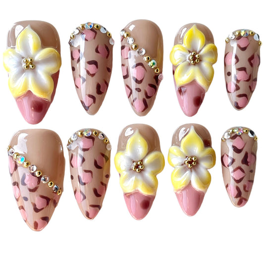 Handmade 3D Flower Leopard Press On Nails, Almond Shape, Vintage Deisgn Nude Pink with Rhinestones, Reusable Acrylic Thick False Nails Wild Meets Chic (M)